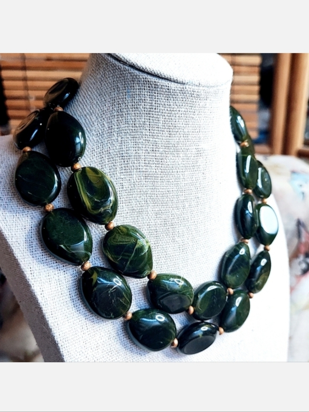 Dark Olive Green Marbled Oval Lucite & Wood Vintage Dual Strand Necklace *FLAW*